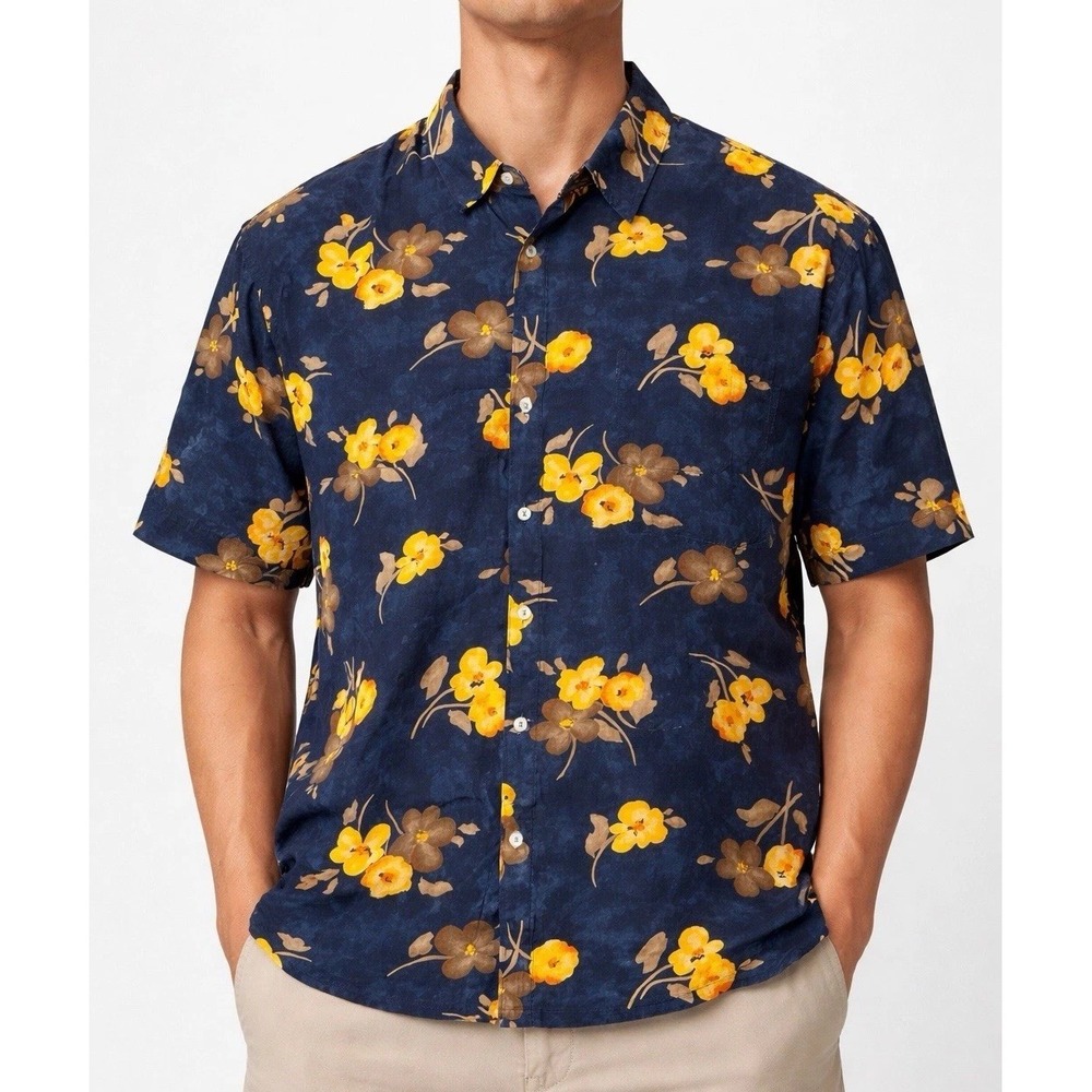 Coldwater Creek XL Floral Button Up Shirt Rayon Navy Yellow Brown Retro Men's